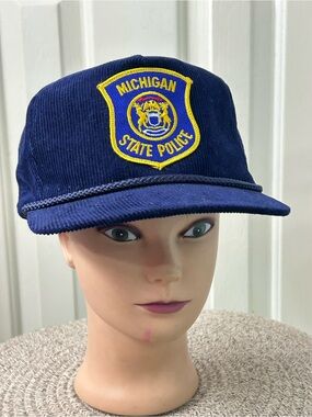 Vintage Michigan State Police Snapback Rope Youngan Hat Corduroy Blue